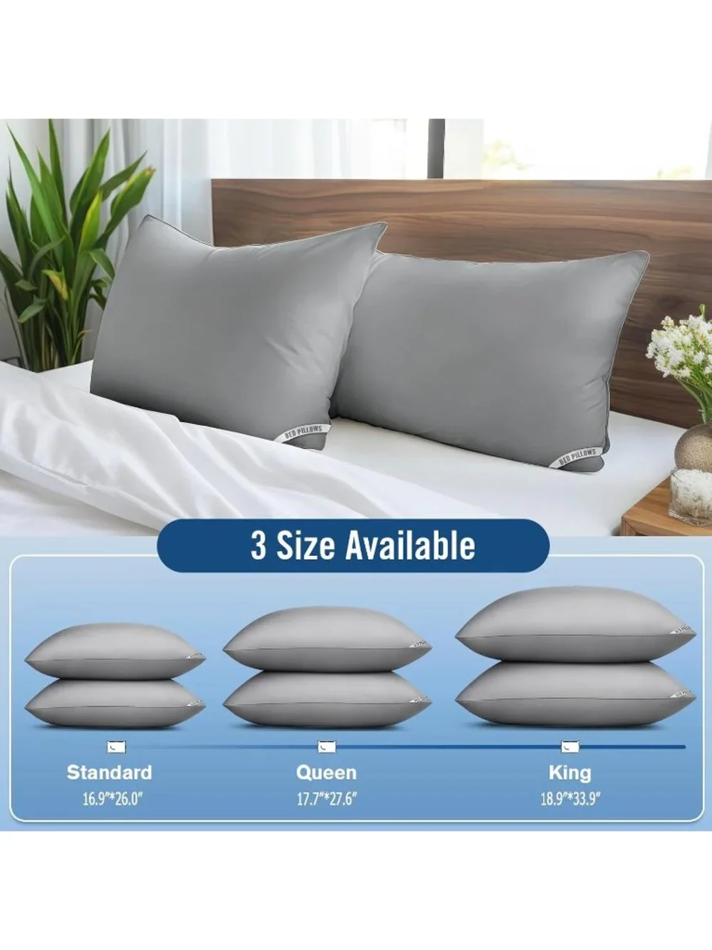 〽️Gray Standard Size Pillows 4 Pack Soft Firm Support Down Alternative Pillows
